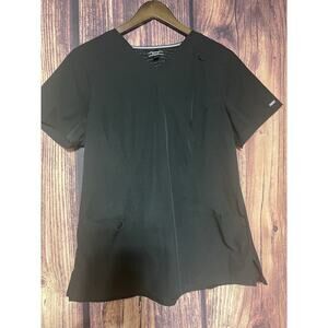 Elle Scrubs Shirt Black V Neck Short Sleeve Medical Workwear Top Stretch Size L